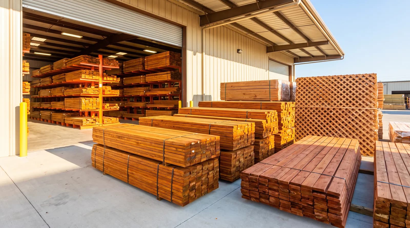 Pressure-treated lumber, fence boards, and lattice panels staged in the loading yard
