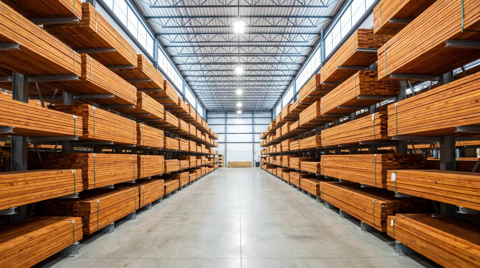 Cantilever racking stacked with banded lifts of pressure-treated dimensional lumber along a warehouse aisle
